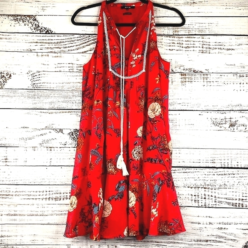 MISS‎ ME SIZE M RED SUMMER FLORAL MINI SLEEVELESS DRESS TASSELS FALL GUC